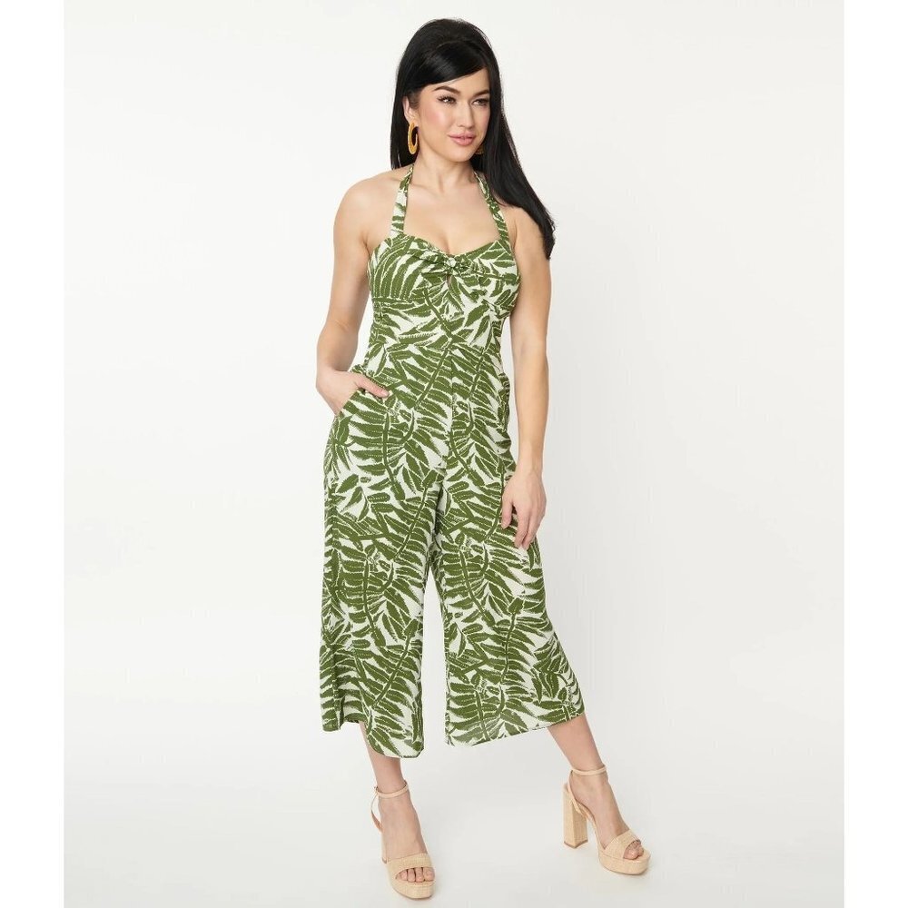 NWT Unique Vintage Green Tropical Print Halter Jumpsuit 4 - Picture 1 of 16
